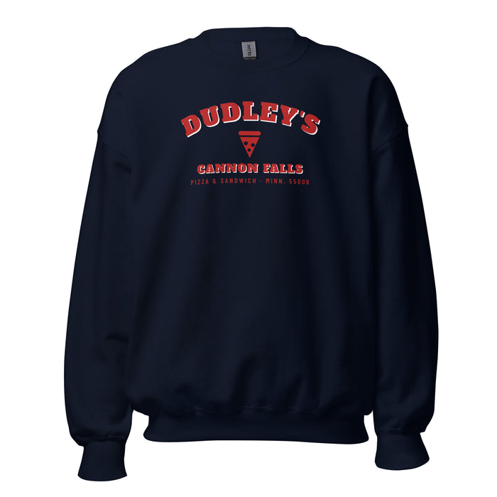 Navy crewneck sweatshirt with a varsity-style arched DUDLEY'S, a pizza slice and CANNON FALLS printed on the front