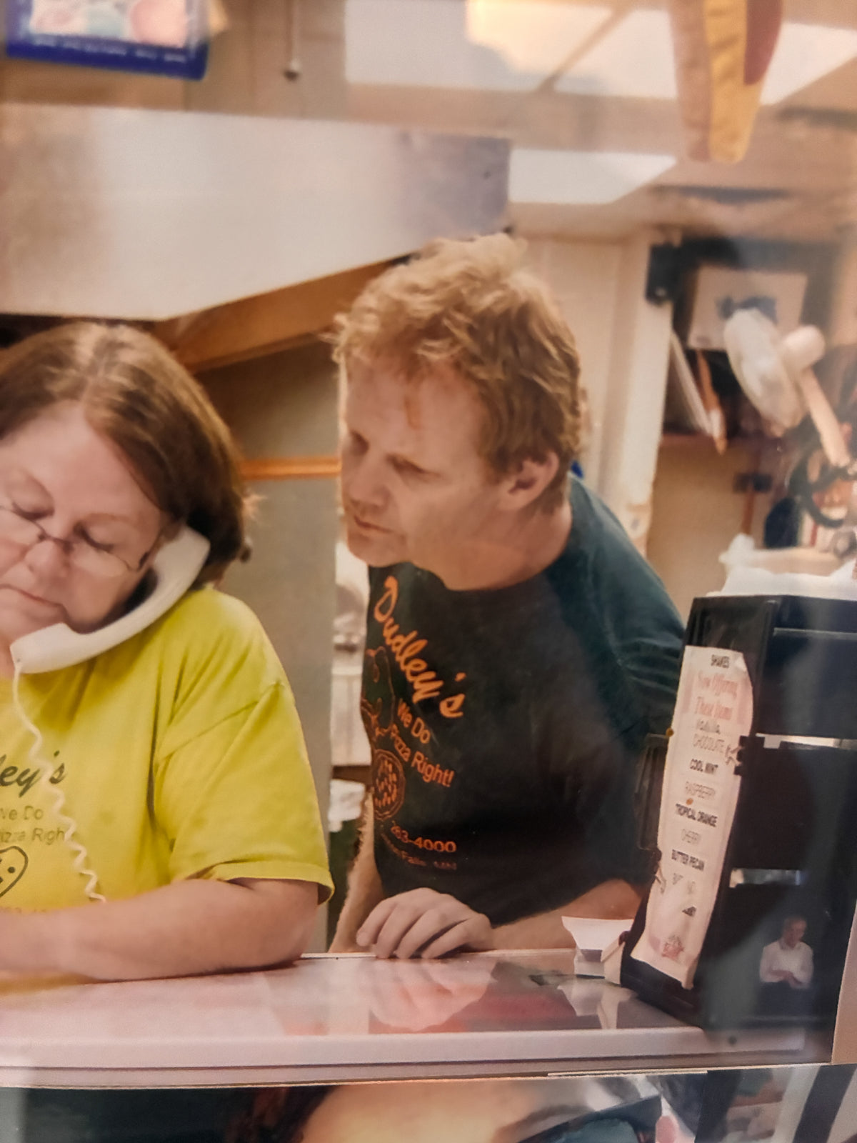 Dudley and Beth at the counter, at Dudley's Pizza and Sandwich Shop in Cannon Falls