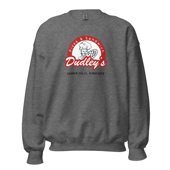 Graphite Heather crewneck sweatshirt with the red Dudley's Pizza & Sandwich chef logo and "Cannon Falls, Minnesota" printed on the front