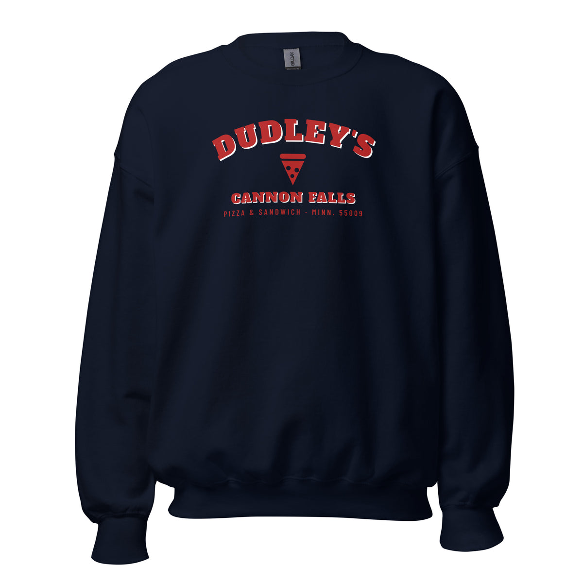 Navy crewneck sweatshirt with a varsity-style arched DUDLEY'S, a pizza slice and CANNON FALLS printed on the front