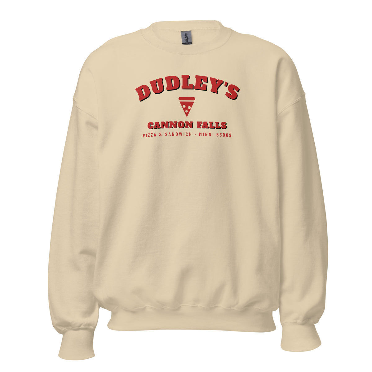 Sand crewneck sweatshirt with a varsity-style arched DUDLEY'S, a pizza slice and CANNON FALLS printed on the front