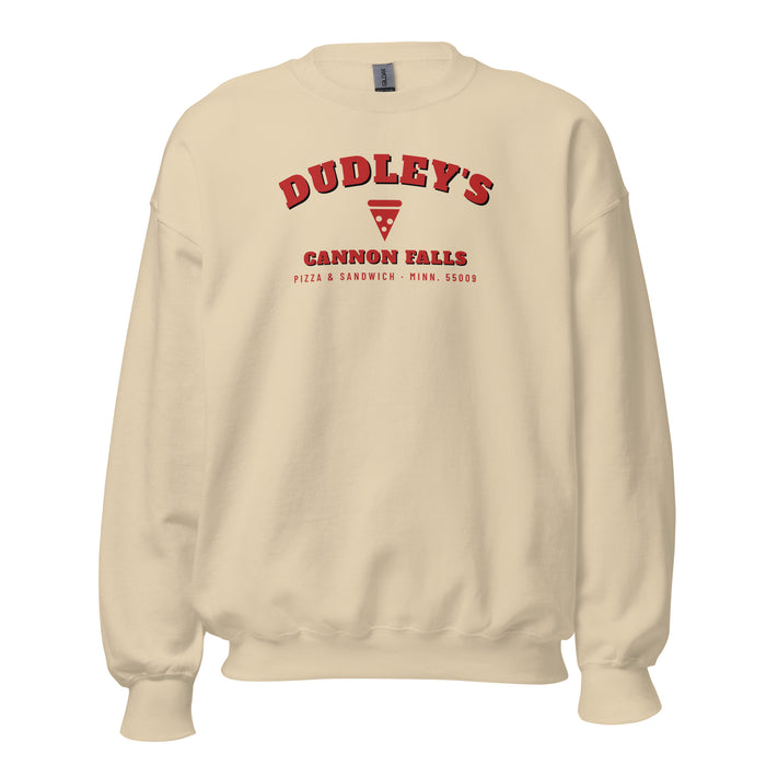 Sand crewneck sweatshirt with a varsity-style arched DUDLEY'S, a pizza slice and CANNON FALLS printed on the front