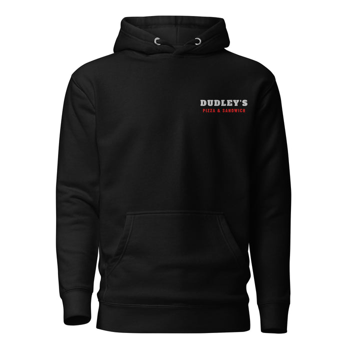 Black pullover hoodie with DUDLEY'S Pizza & Sandwich embroidered on the left chest