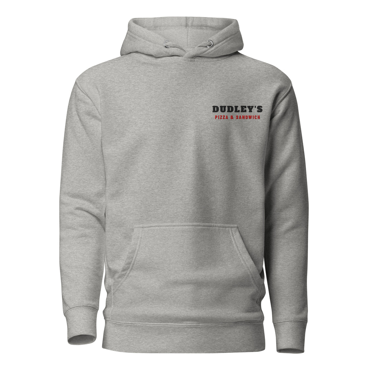 Carbon Grey pullover hoodie with DUDLEY'S Pizza & Sandwich embroidered on the left chest