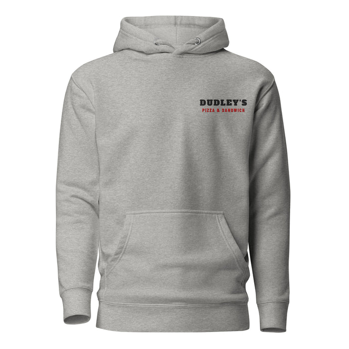 Carbon Grey pullover hoodie with DUDLEY'S Pizza & Sandwich embroidered on the left chest